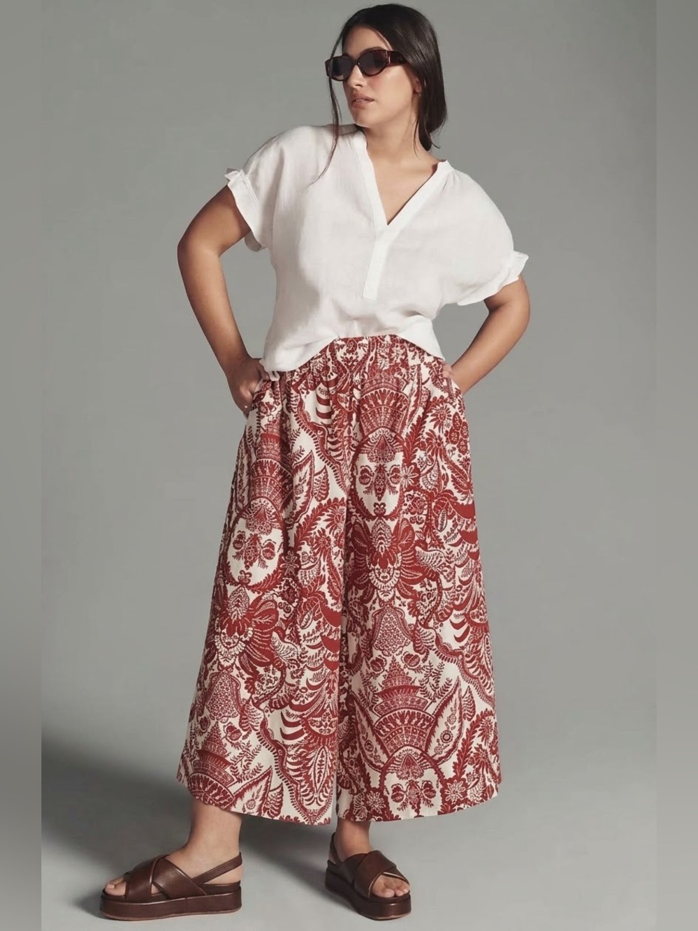 NWT Anthropologie Damask Jacquard Linen Wide-Leg Cropped Pants Dark Red Size M